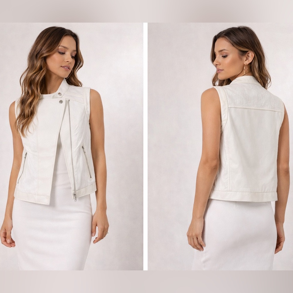 Endless Rose White Faux Leather Moto Vest NWOT Minimalist Zip Pocket Sleeveless
